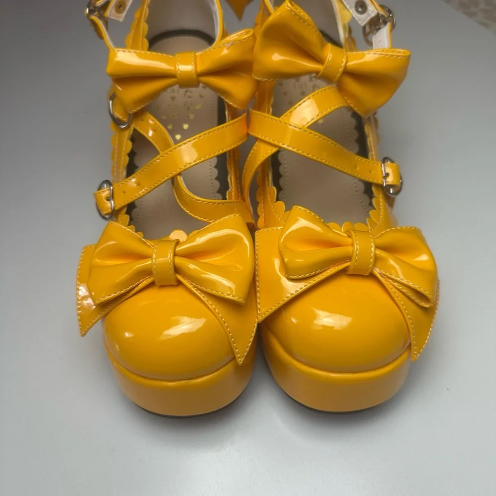 Antaina Yellow Coquette Lolita Bows Strappy Chunky HeelPlatform Shoe NWOT 7.5-8? - Picture 10 of 16